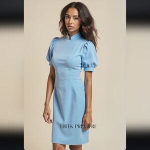 Elegant Pastel Blue Puff Sleeve High Neck Midi Dress NWT